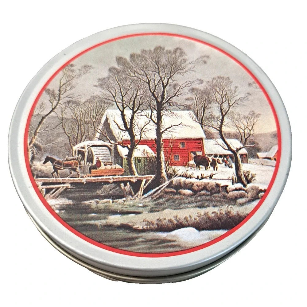 Vtg Currier &‎ Ives Coasters Set of 6 + Tin Container Winter Home Kitchen Decor
